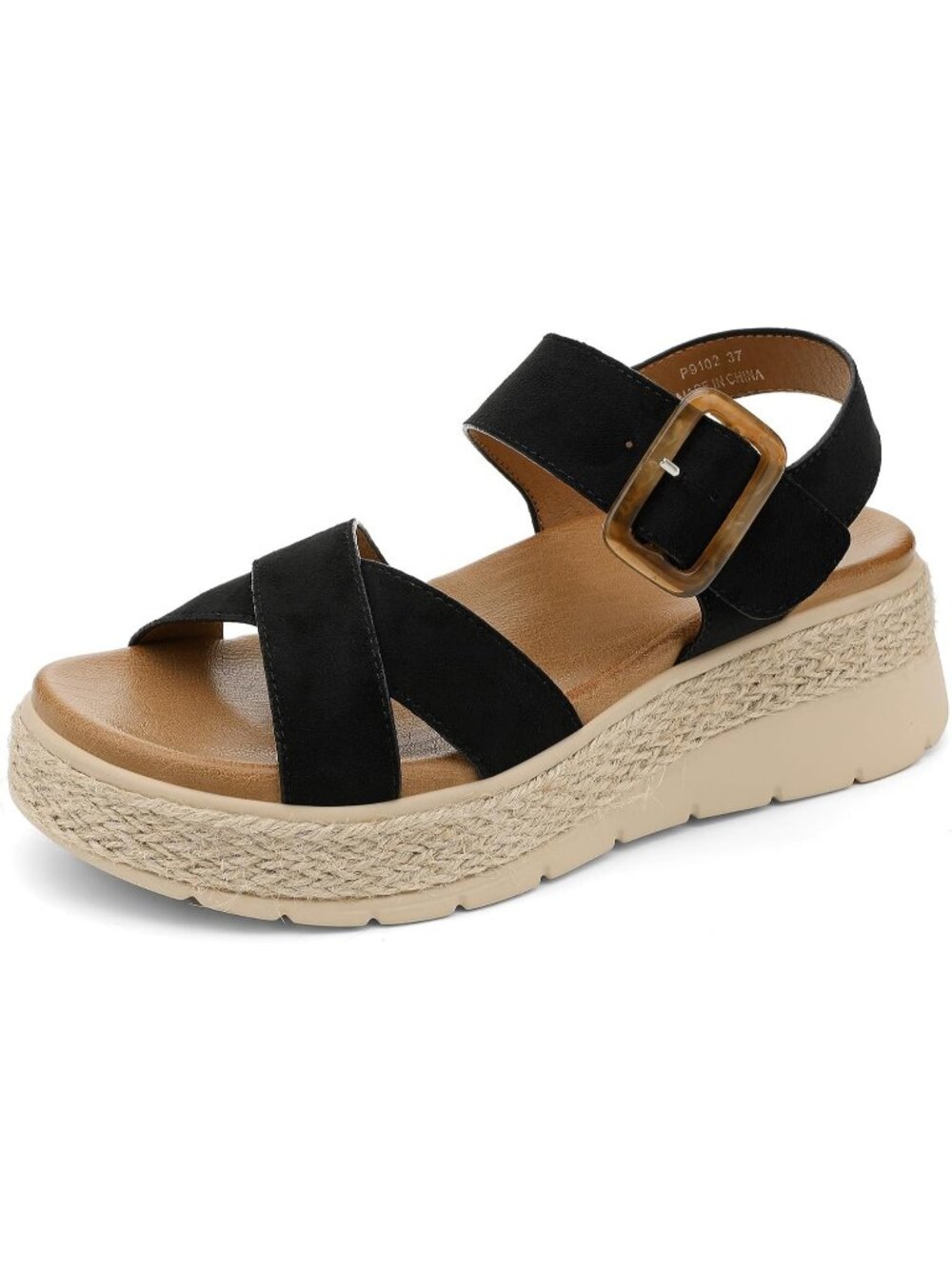 Womens Black Comfortable Solid Espadrille Low Wedge Heel Platform Sandal Shoes